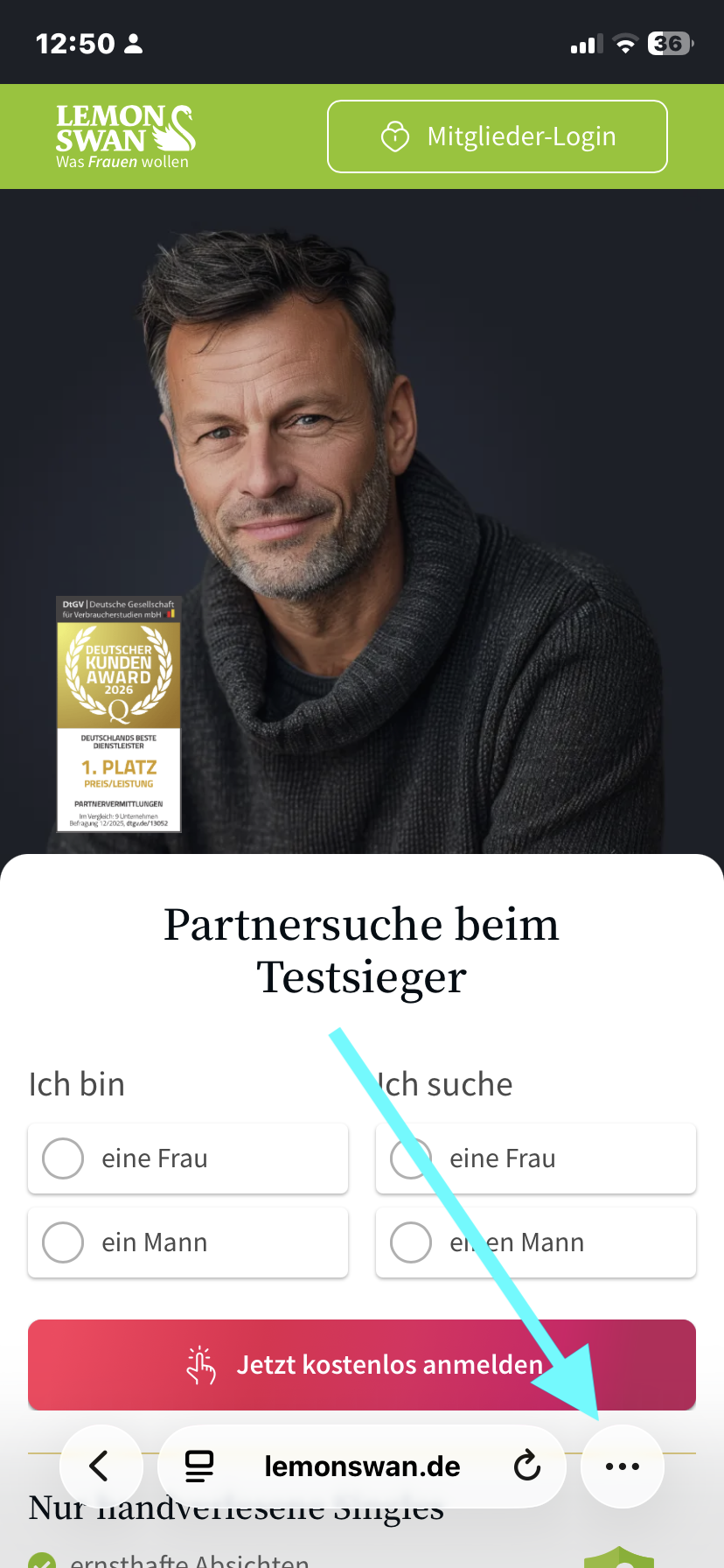 LemonSwan Startseite in Safari mit Menü-Button