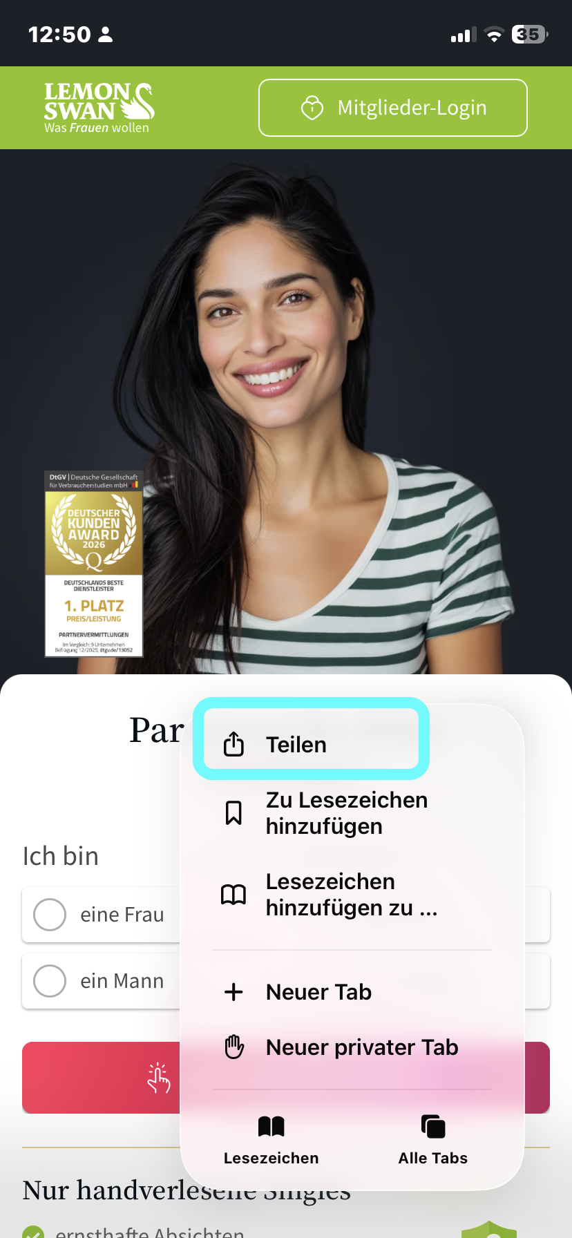 Safari-Menü mit hervorgehobener Teilen-Option
