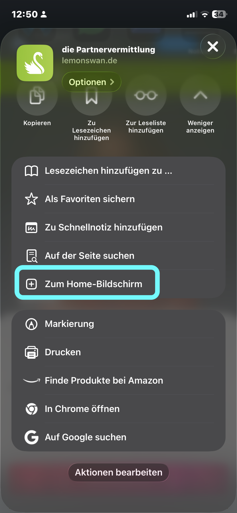 Teilen-Menü mit Option Zum Home-Bildschirm